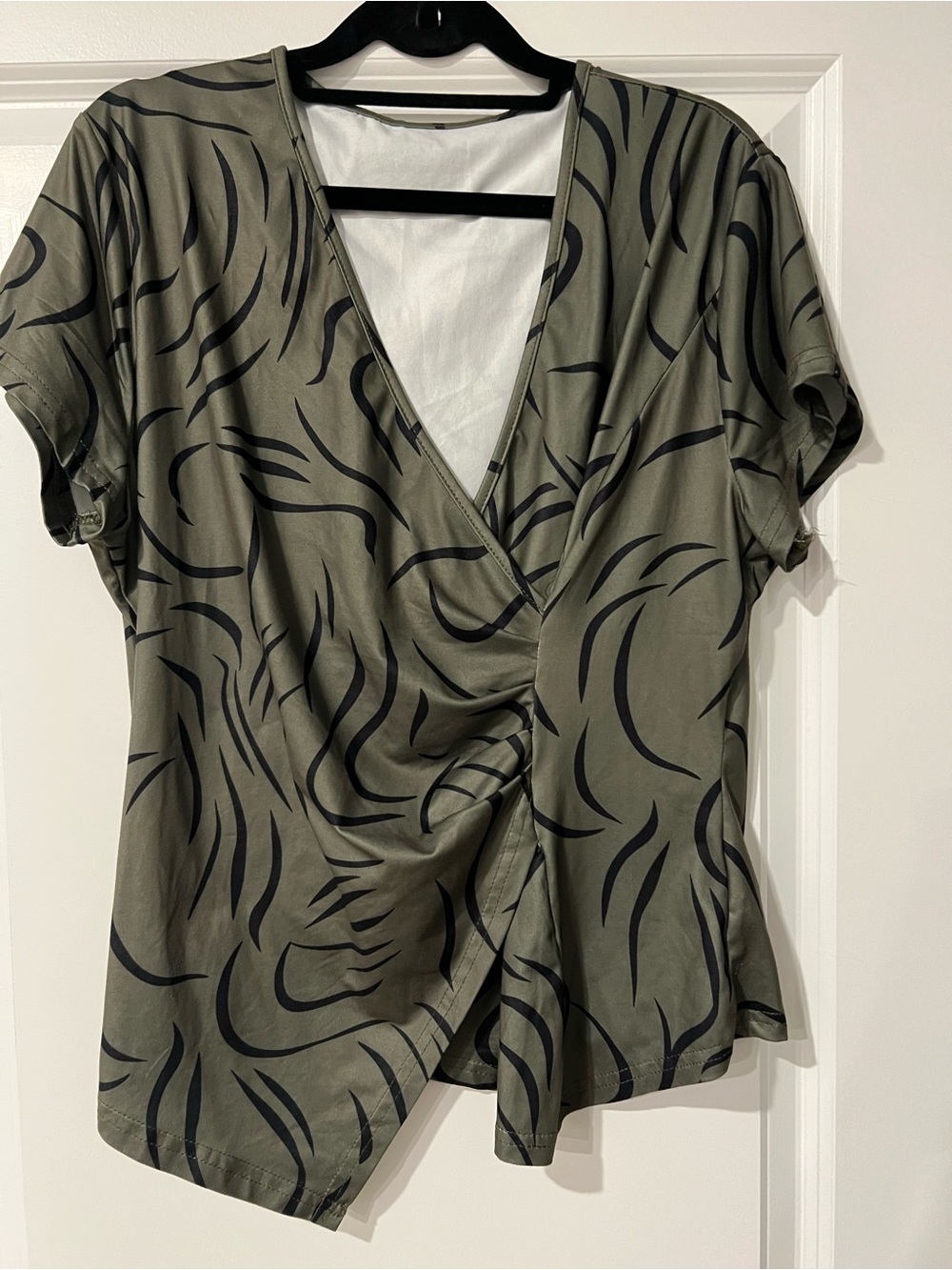 Olive Green Abstract-Print Wrap Blouse